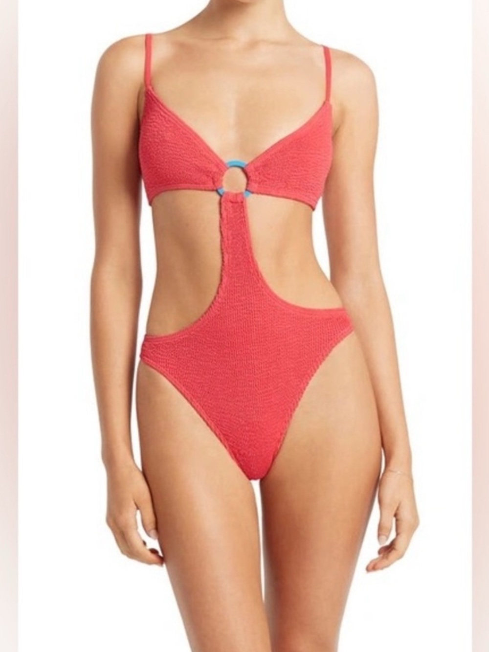 bond-eye Coral Pink Textured Cutout Monokini with Center Ring